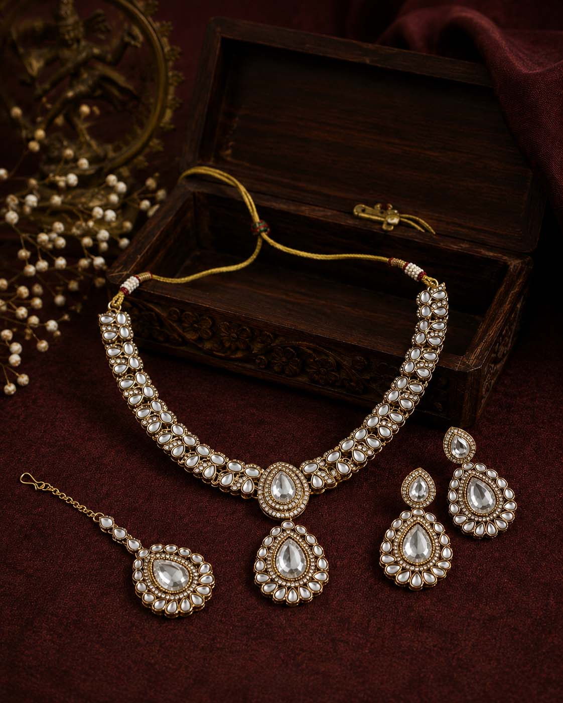 Silver Vyakhya Premium Designer Zircone Polki Dupe Necklace With Earring & Teeka