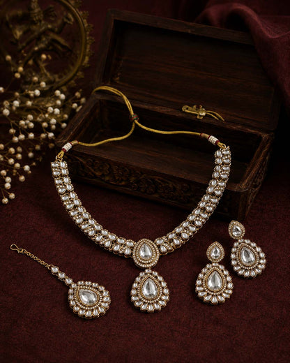 Silver Vyakhya Premium Designer Zircone Polki Dupe Necklace With Earring & Teeka