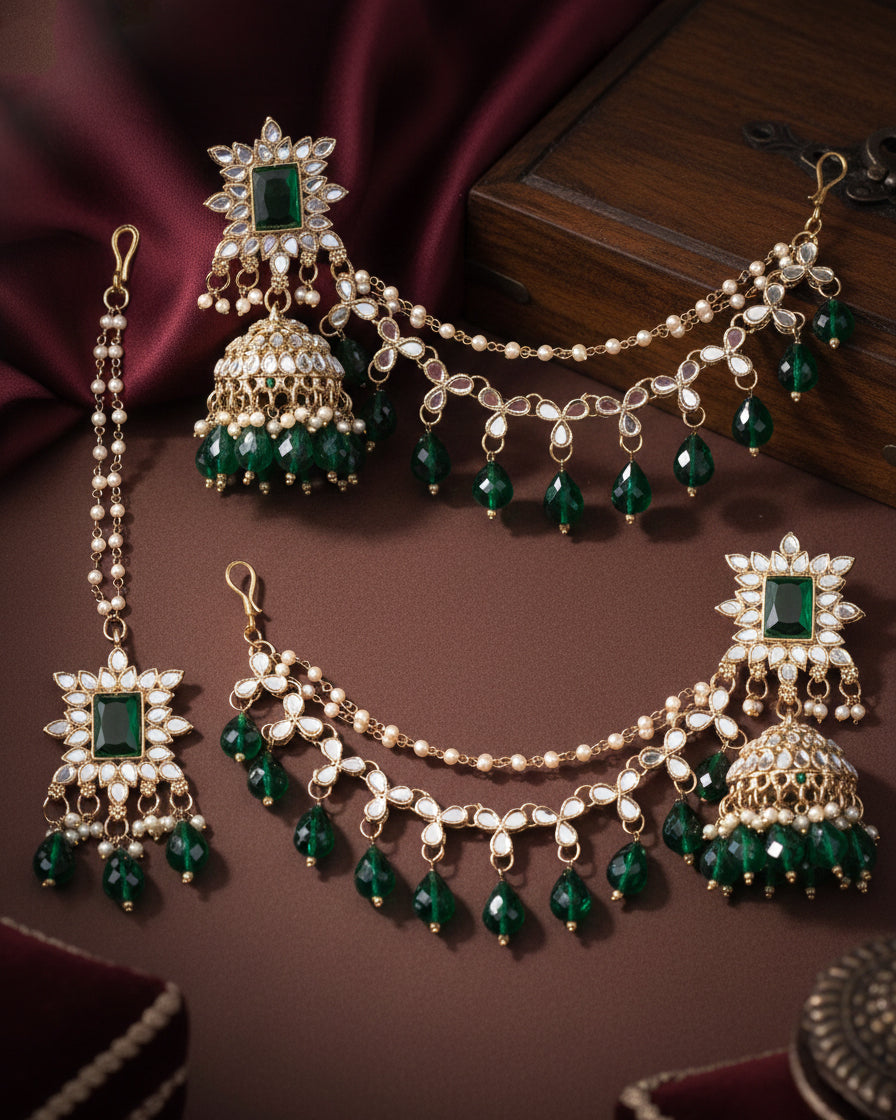 Green Kaur Mirror Bahubali Jhumka with Statement Kaan Chain and Teeka