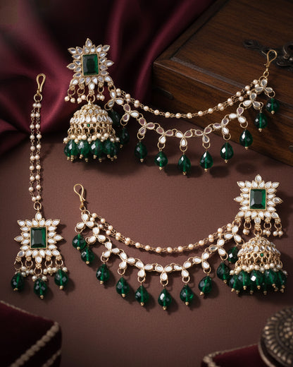Green Kaur Mirror Bahubali Jhumka with Statement Kaan Chain and Teeka
