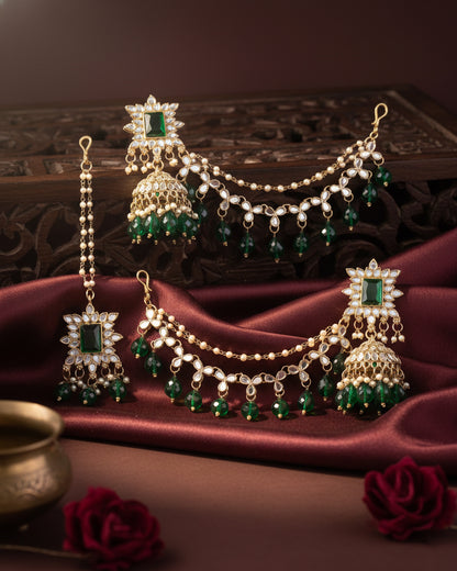 Green Kaur Mirror Bahubali Jhumka with Statement Kaan Chain and Teeka