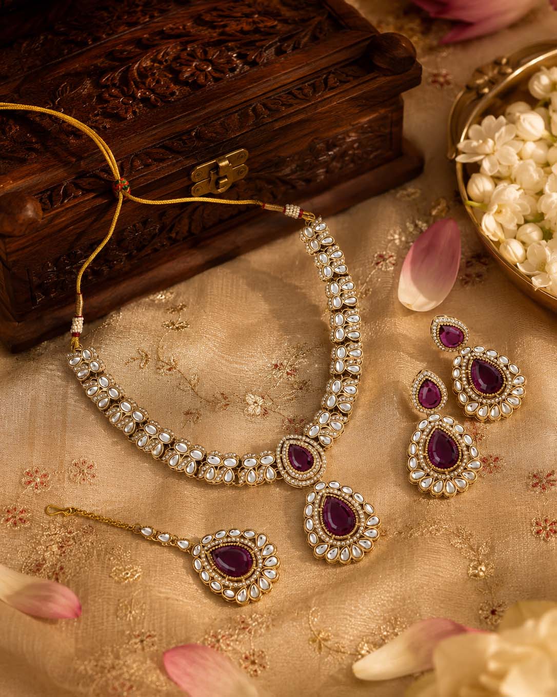 Purple Vyakhya Premium Designer Zircone Polki Dupe Necklace With Earring & Teeka