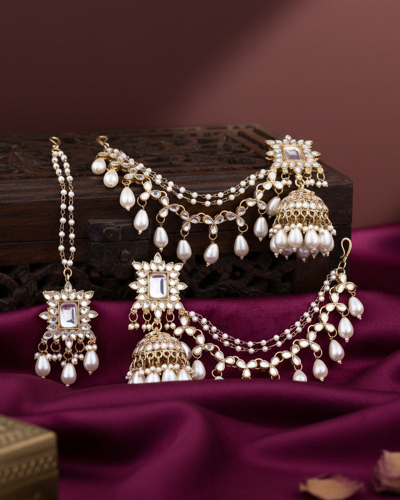 Pearl Kaur Mirror Bahubali Jhumka with Statement Kaan Chain and Teeka