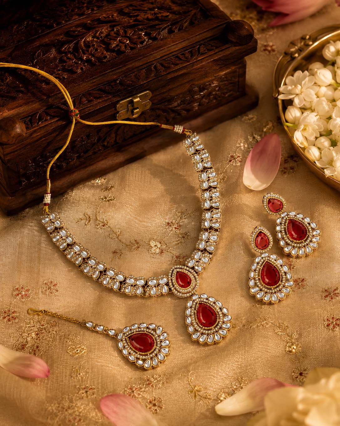 Ruby Vyakhya Premium Designer Zircone Polki Dupe Necklace With Earring & Teeka