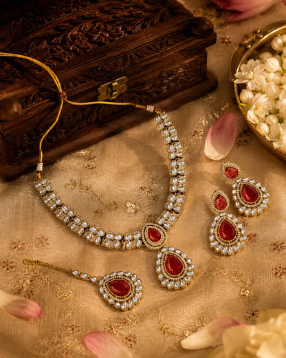 Ruby Vyakhya Premium Designer Zircone Polki Dupe Necklace With Earring & Teeka