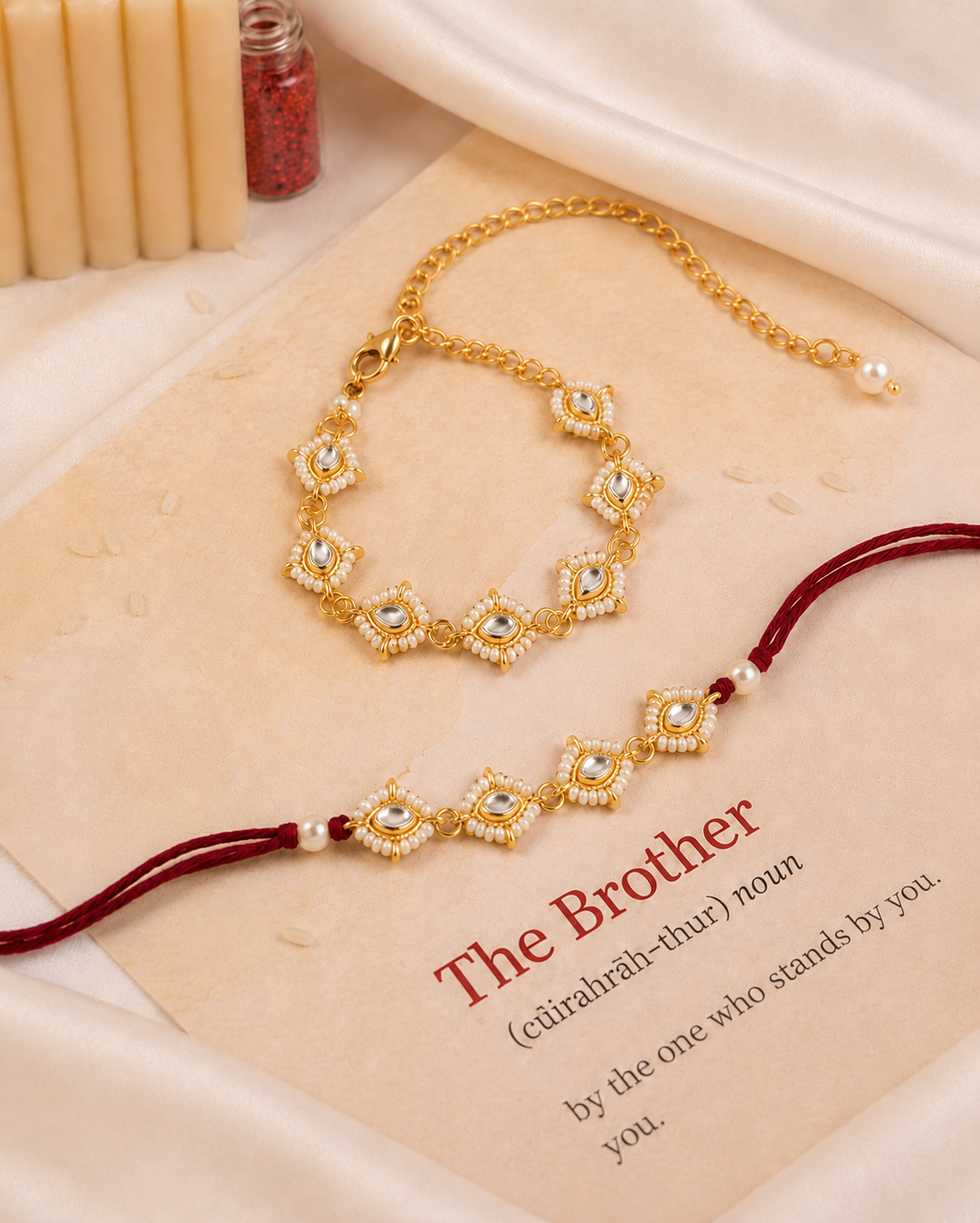 Red Misha Bhaiya Bhabhi Rakhi Bracelet Set | Tilak Set Included