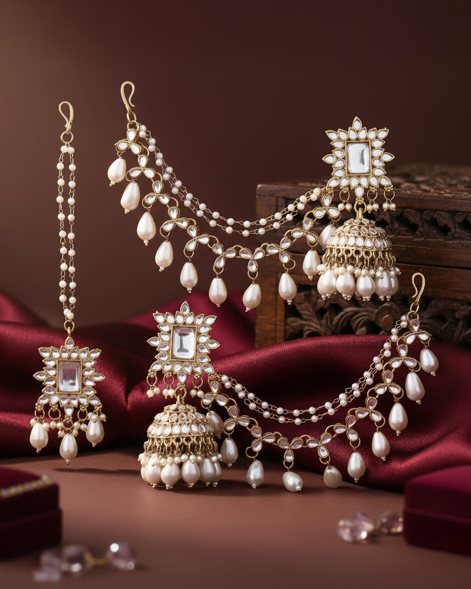 Pearl Kaur Mirror Bahubali Jhumka with Statement Kaan Chain and Teeka