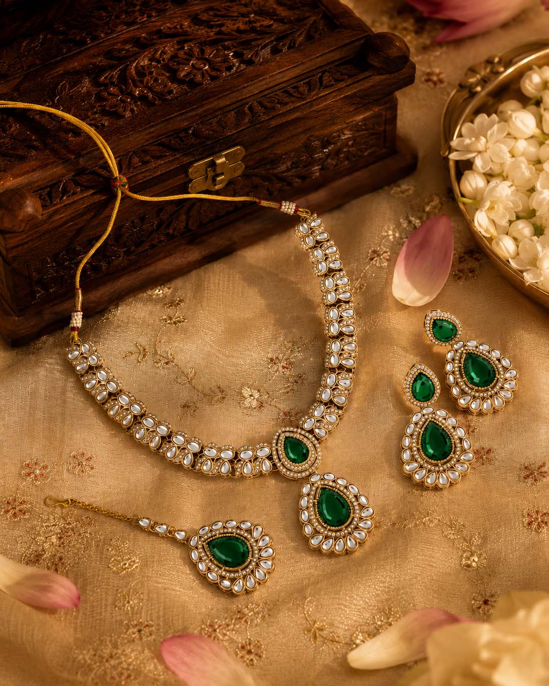 Green Vyakhya Premium Designer Zircone Polki Dupe Necklace With Earring & Teeka