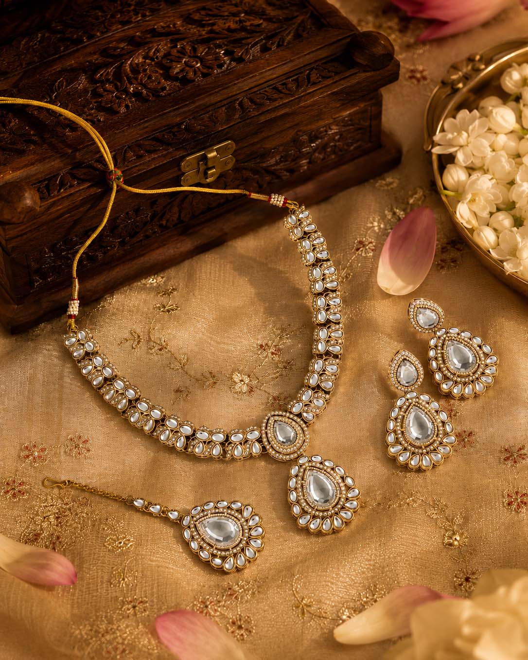 Silver Vyakhya Premium Designer Zircone Polki Dupe Necklace With Earring & Teeka