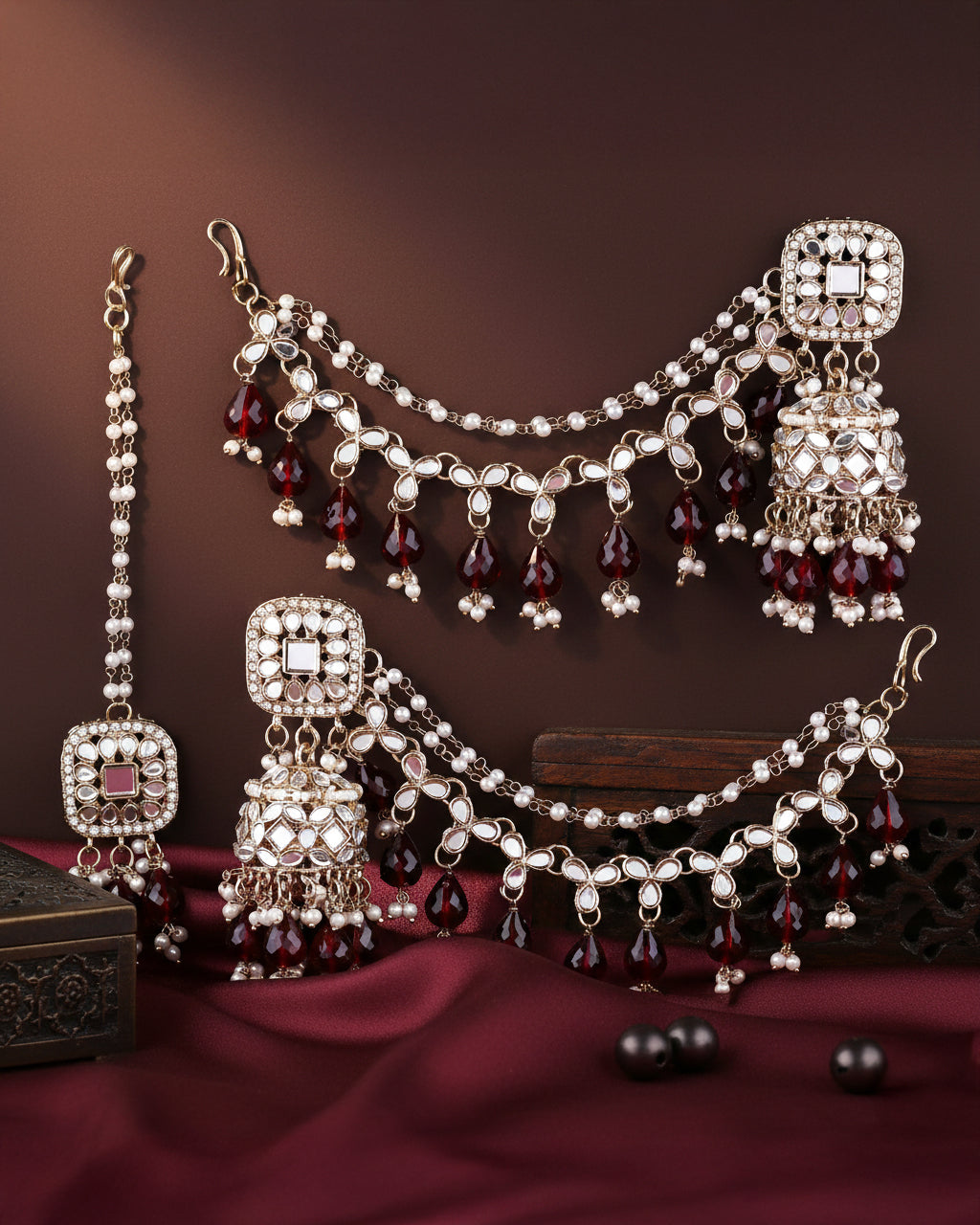 Maroon Aayat Bahubali Jhumka with Statement Kaan Chain and Teeka