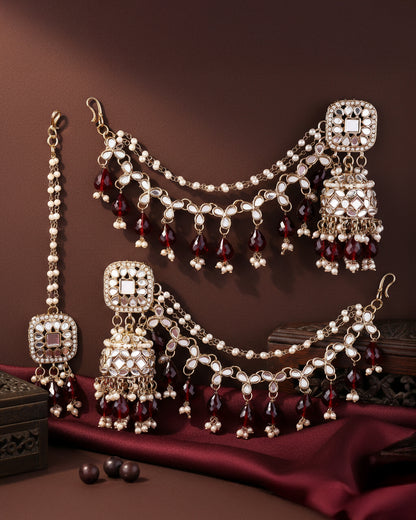 Maroon Aayat Bahubali Jhumka with Statement Kaan Chain and Teeka