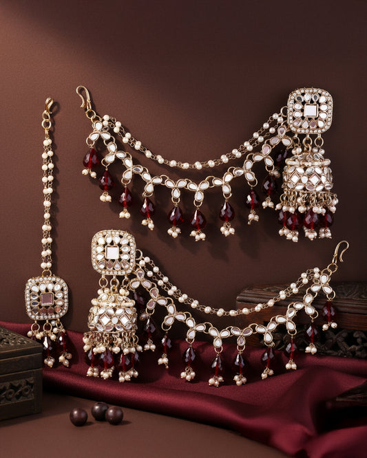 Maroon Aayat Bahubali Jhumka with Statement Kaan Chain and Teeka
