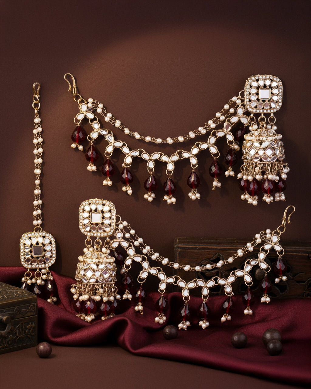 Maroon Aayat Bahubali Jhumka with Statement Kaan Chain and Teeka