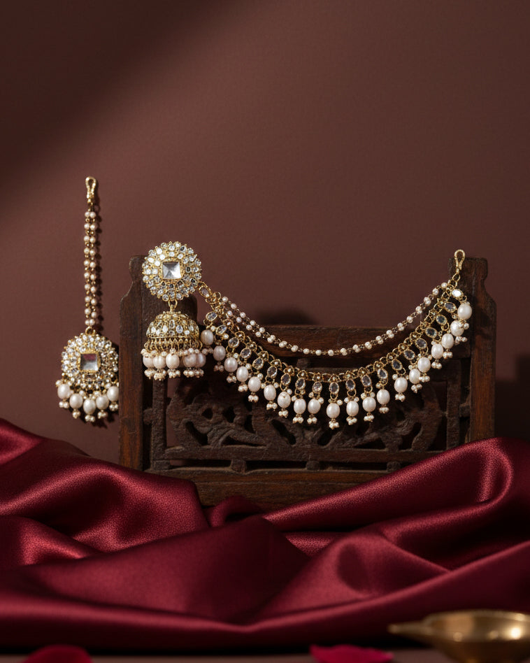 Pearl Avreet Mirror Bahubali Jhumka with Statement Kaan Chain and Teeka
