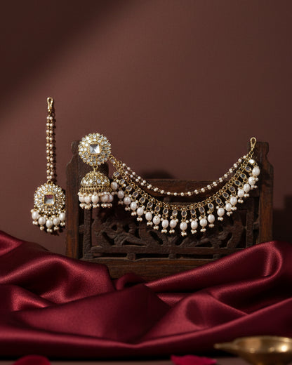 Pearl Avreet Mirror Bahubali Jhumka with Statement Kaan Chain and Teeka