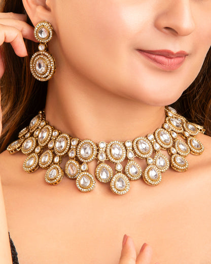 Silver Sehaj Premium Polki Dupe Necklace with Earring and Teeka