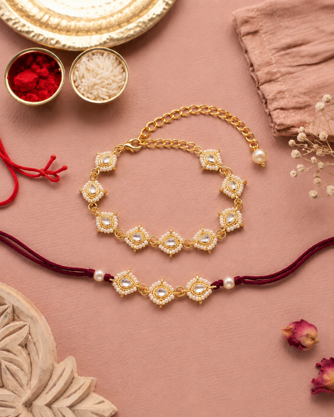 Red Misha Bhaiya Bhabhi Rakhi Bracelet Set | Tilak Set Included