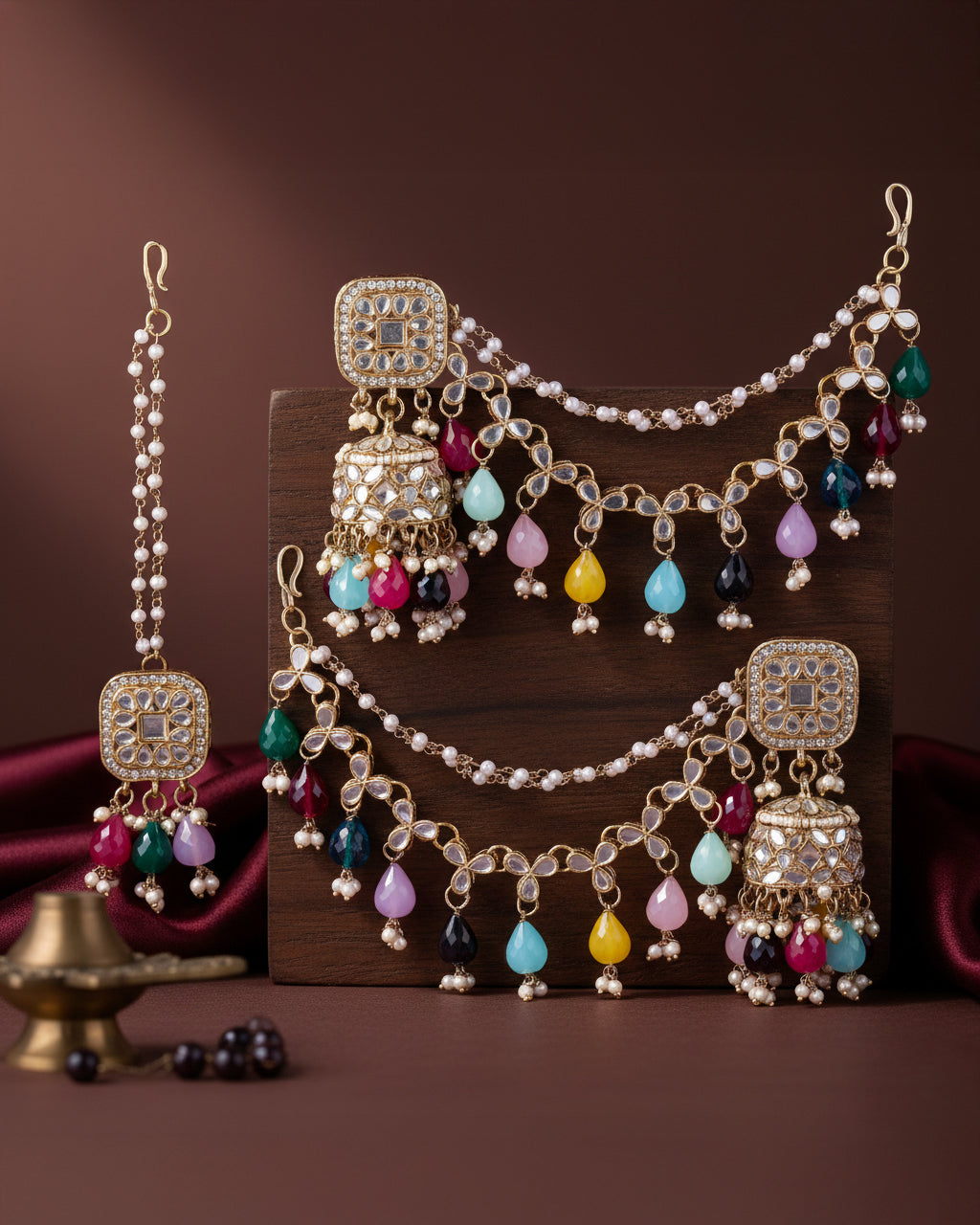 Multi Aayat Mirror Bahubali Jhumka with Statement Kaan Chain and Teeka