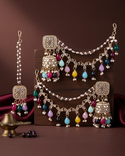 Multi Aayat Mirror Bahubali Jhumka with Statement Kaan Chain and Teeka