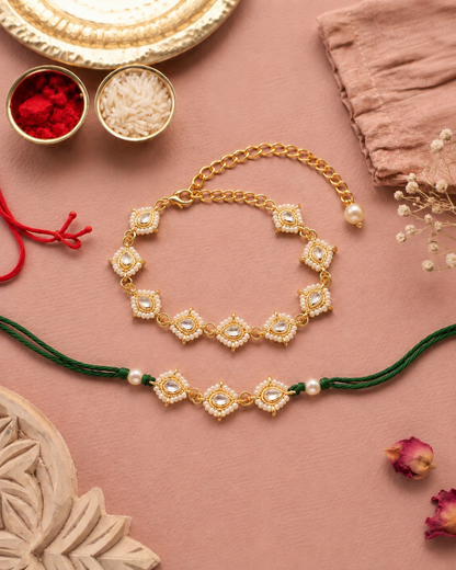 Green Misha Bhaiya Bhabhi Rakhi Bracelet Set | Tilak Set Included