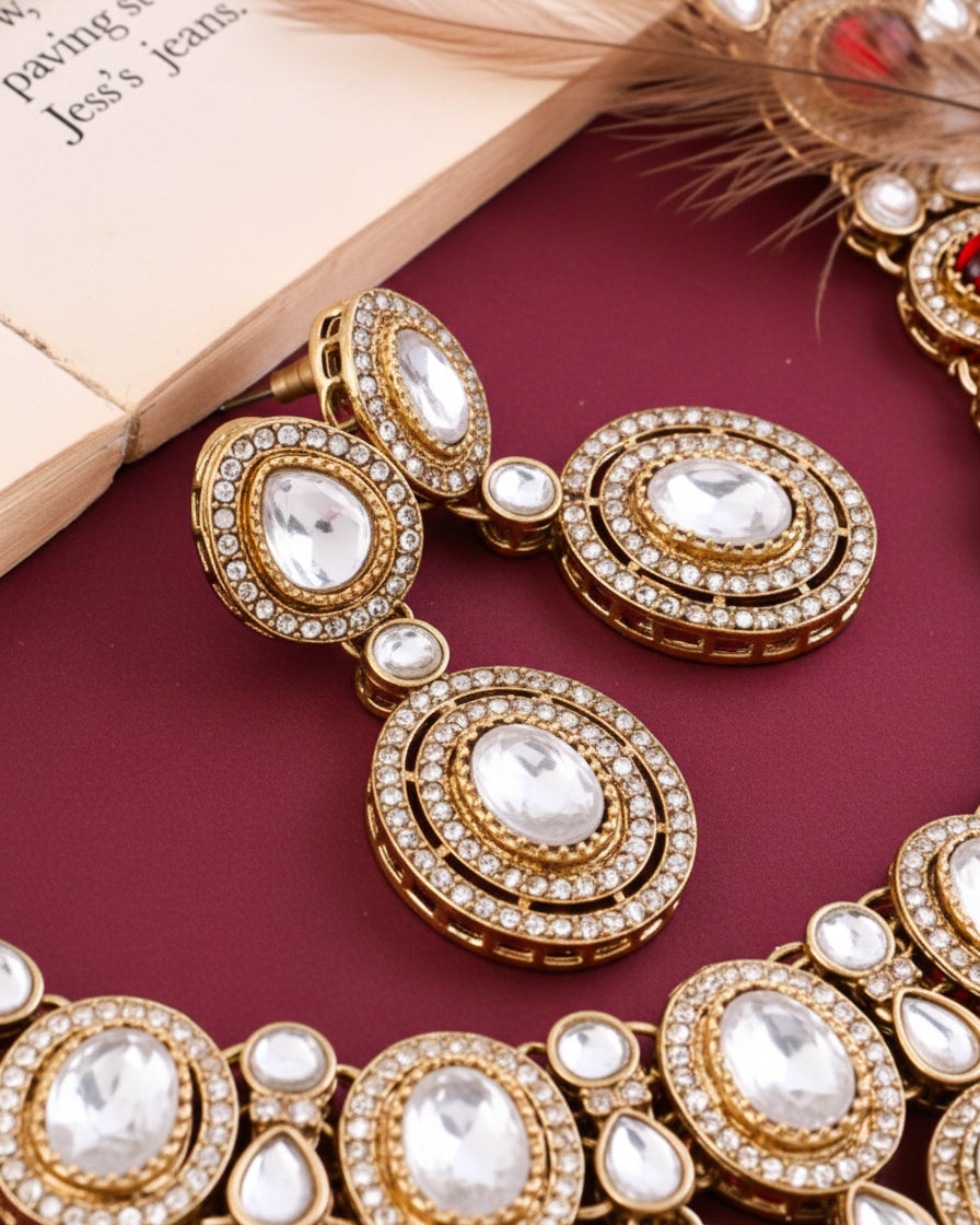 Silver Sehaj Premium Polki Dupe Necklace with Earring and Teeka