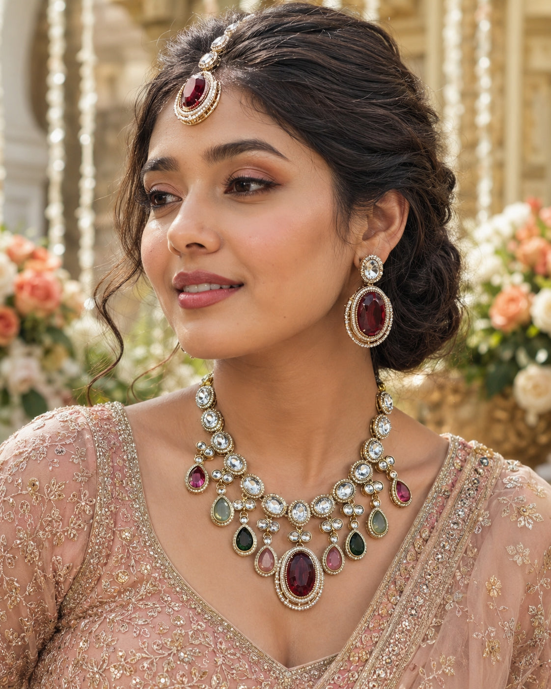 Nirvi Premium Polki Dupe Necklace with Earring and Mangteeka