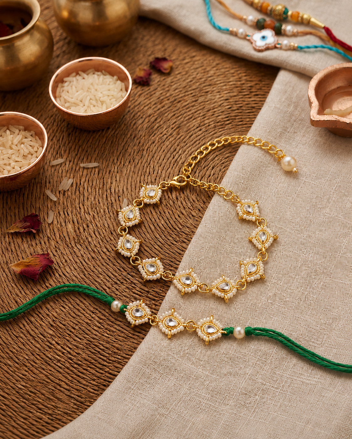 Green Misha Bhaiya Bhabhi Rakhi Bracelet Set | Tilak Set Included