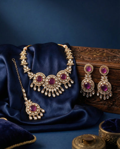 Purple Subhashree Premium Zircone Polki Dupe Necklace Set