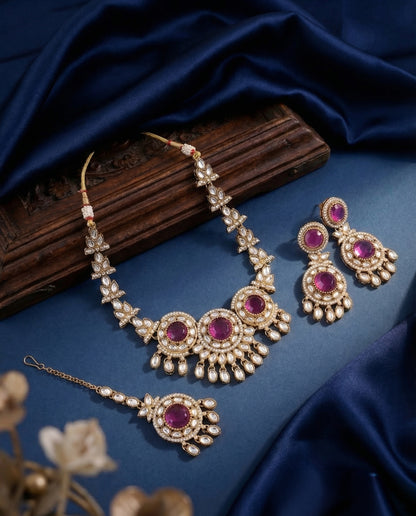 Purple Subhashree Premium Zircone Polki Dupe Necklace Set