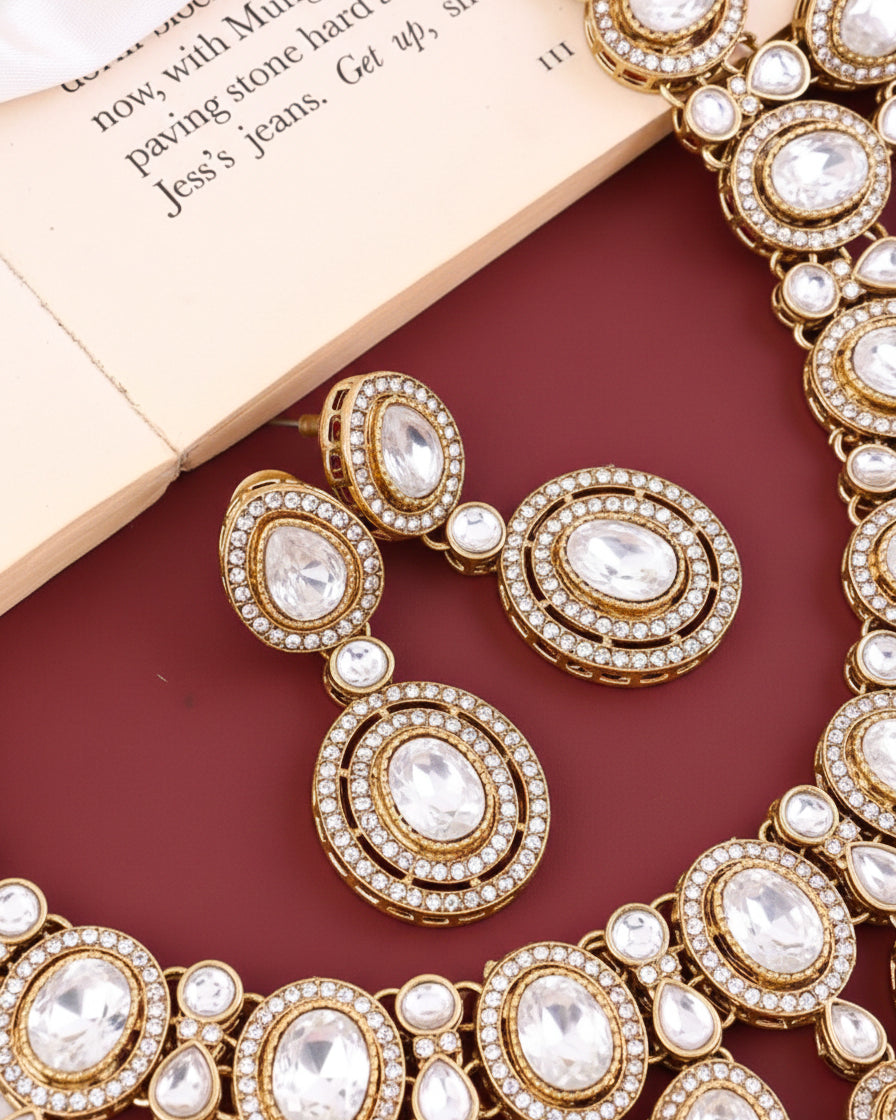 Silver Sehaj Premium Polki Dupe Necklace with Earring and Teeka