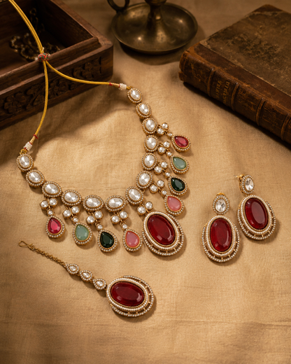 Nirvi Premium Polki Dupe Necklace with Earring and Mangteeka