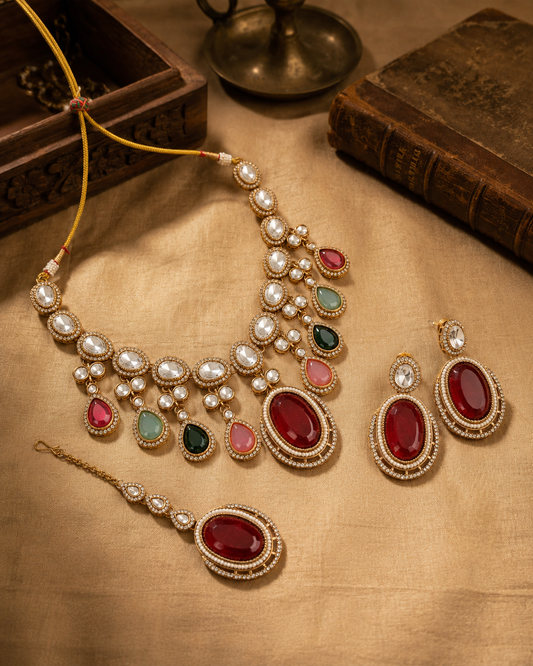 Nirvi Premium Polki Dupe Necklace with Earring and Mangteeka