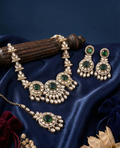 Emerald Subhashree Premium Zircone Polki Dupe Necklace Set
