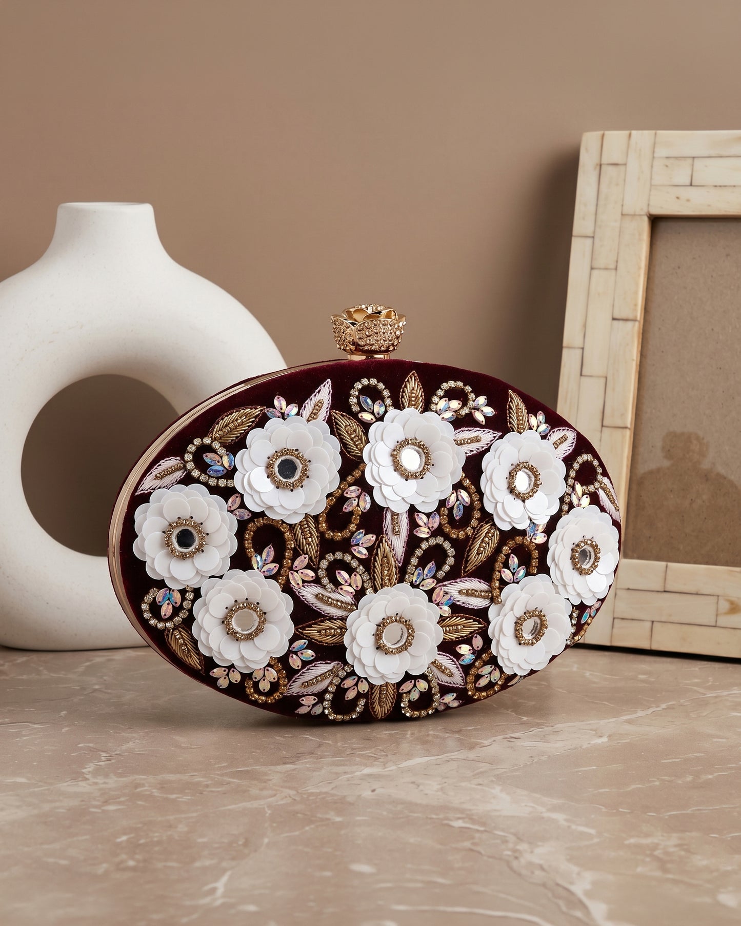 Maroon Oval Tanvi Embroidered Clutch