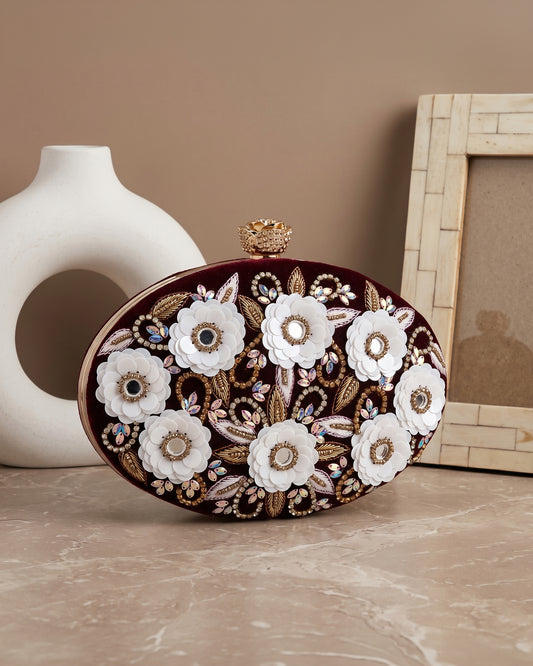 Maroon Oval Tanvi Embroidered Clutch