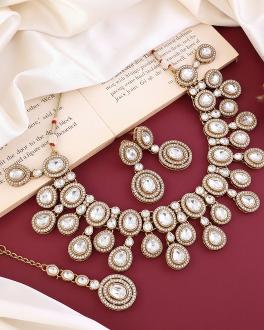 Silver Sehaj Premium Polki Dupe Necklace with Earring and Teeka