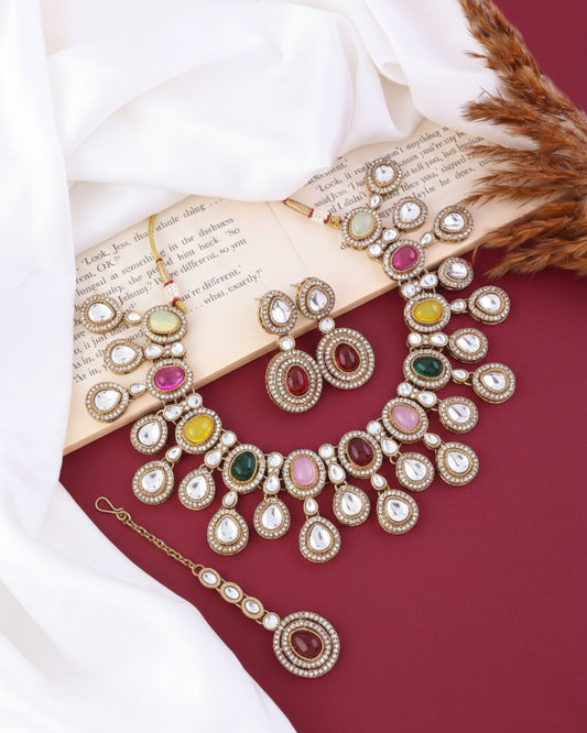 Multi Sehaj Premium Polki Dupe Necklace with Earring and Teeka