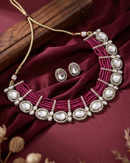 Pink Darvesh Zircone Polki Dupe Pearl Necklace with Earring