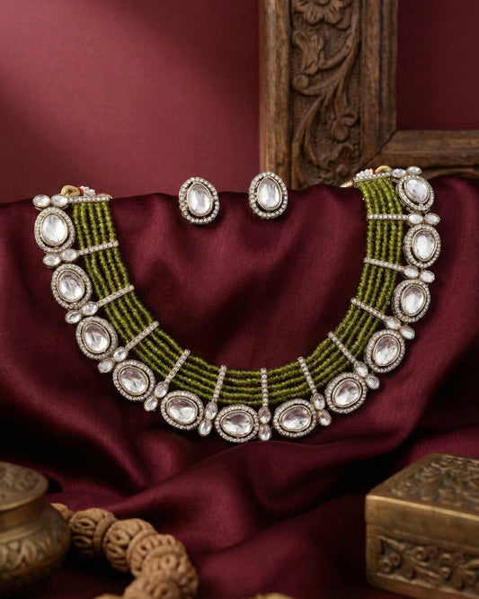 Olive Darvesh Zircone Polki Dupe Pearl Necklace with Earring