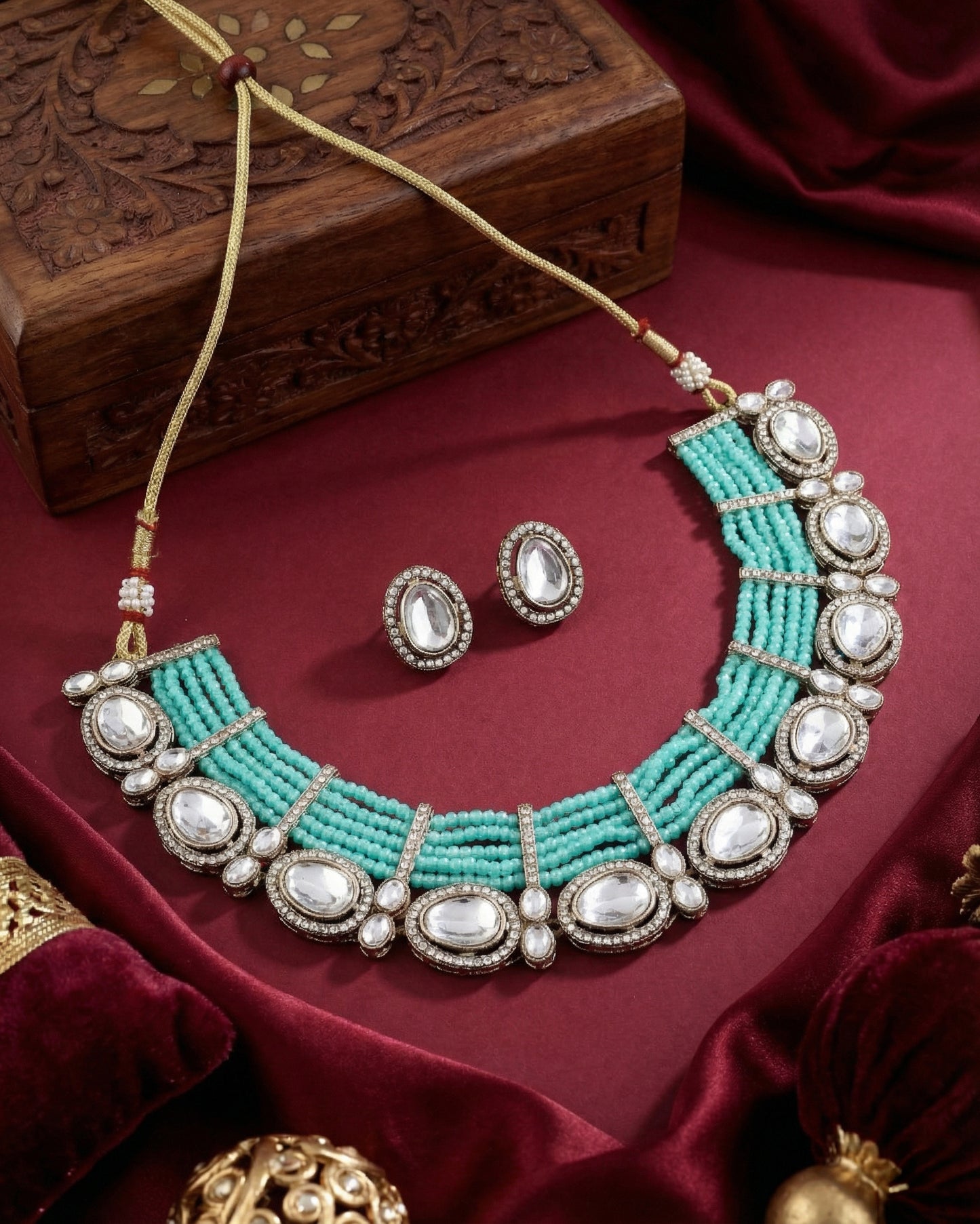 Turquoise Darvesh Zircone Polki Dupe Pearl Necklace with Earring
