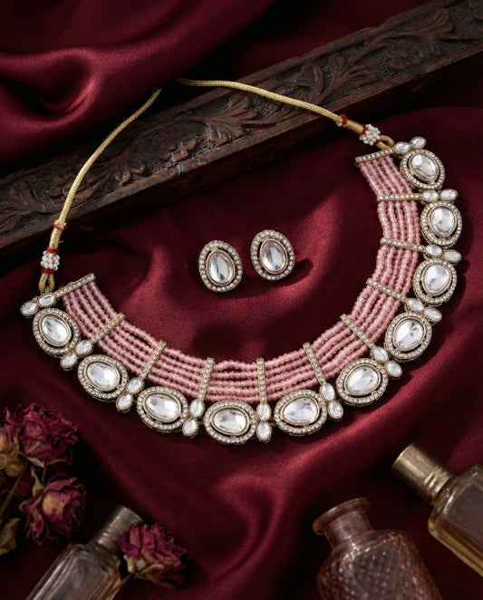 Blush Darvesh Zircone Polki Dupe Pearl Necklace with Earring