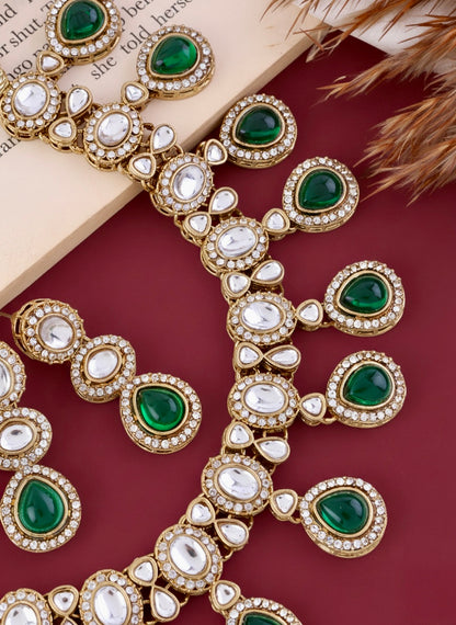 Green Nivaya Premium Polki Dupe Necklace with Earring and Teeka