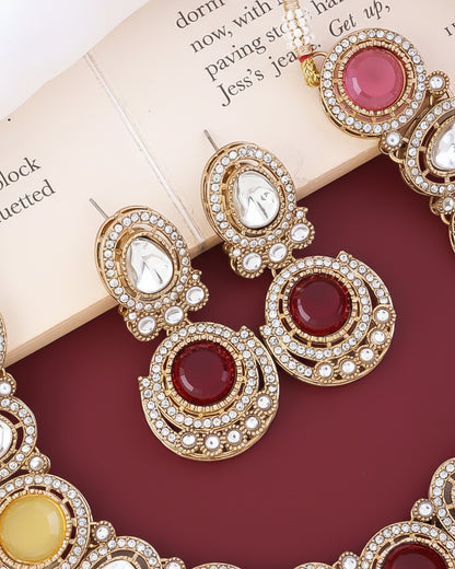 Multi Jasnain Premium Polki Dupe Necklace with Earring and Mangteeka