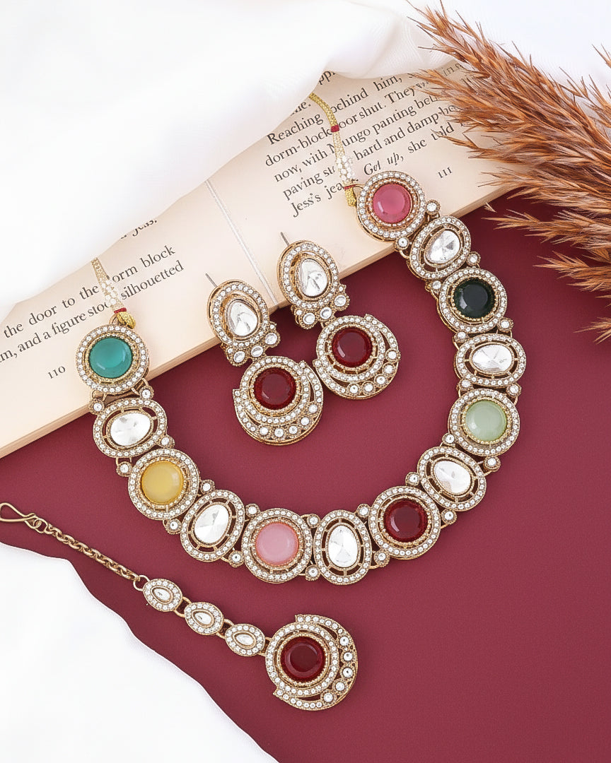 Multi Jasnain Premium Polki Dupe Necklace with Earring and Mangteeka