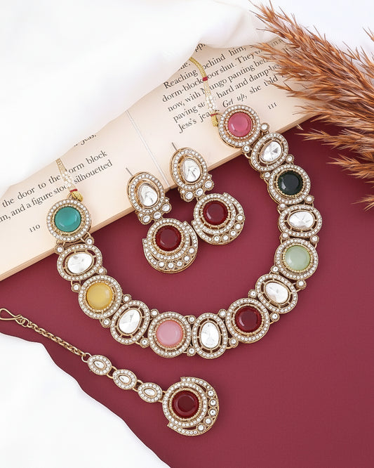 Multi Jasnain Premium Polki Dupe Necklace with Earring and Mangteeka