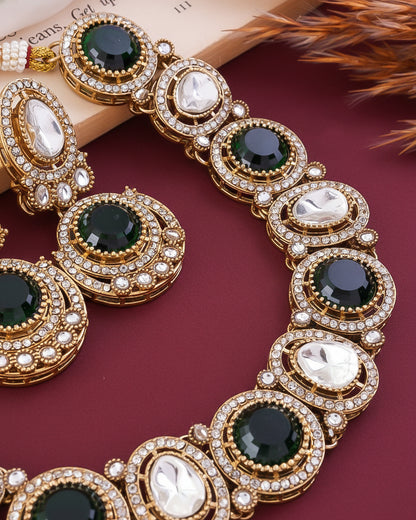 Green Jasnain Premium Polki Dupe Necklace with Earring and Mangteeka