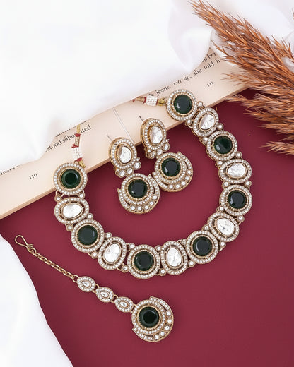 Green Jasnain Premium Polki Dupe Necklace with Earring and Mangteeka