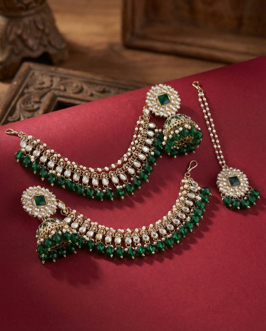Green Avreet Mirror Bahubali Jhumka with Statement Kaan Chain and Teeka