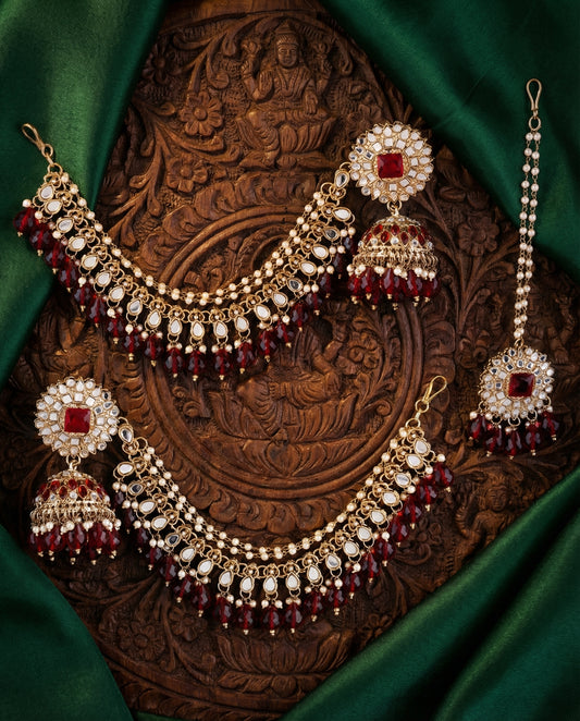 Maroon Avreet Mirror Bahubali Jhumka with Statement Kaan Chain and Teeka