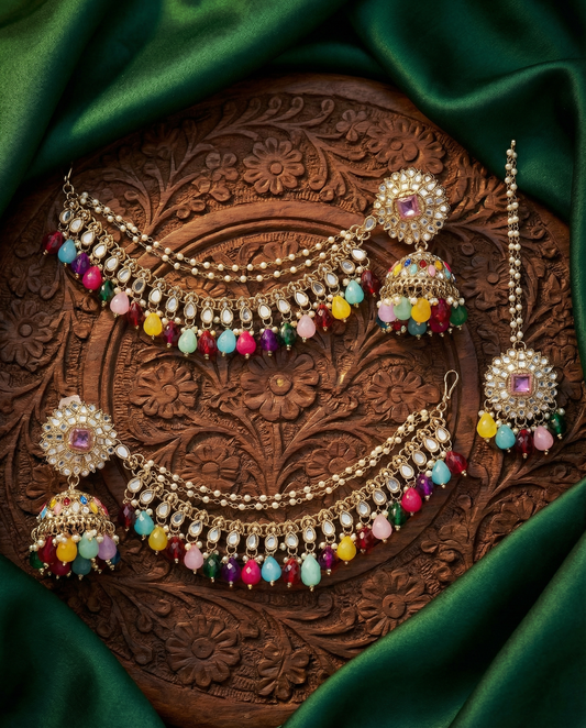 Multi Avreet Mirror Bahubali Jhumka with Statement Kaan Chain and Teeka